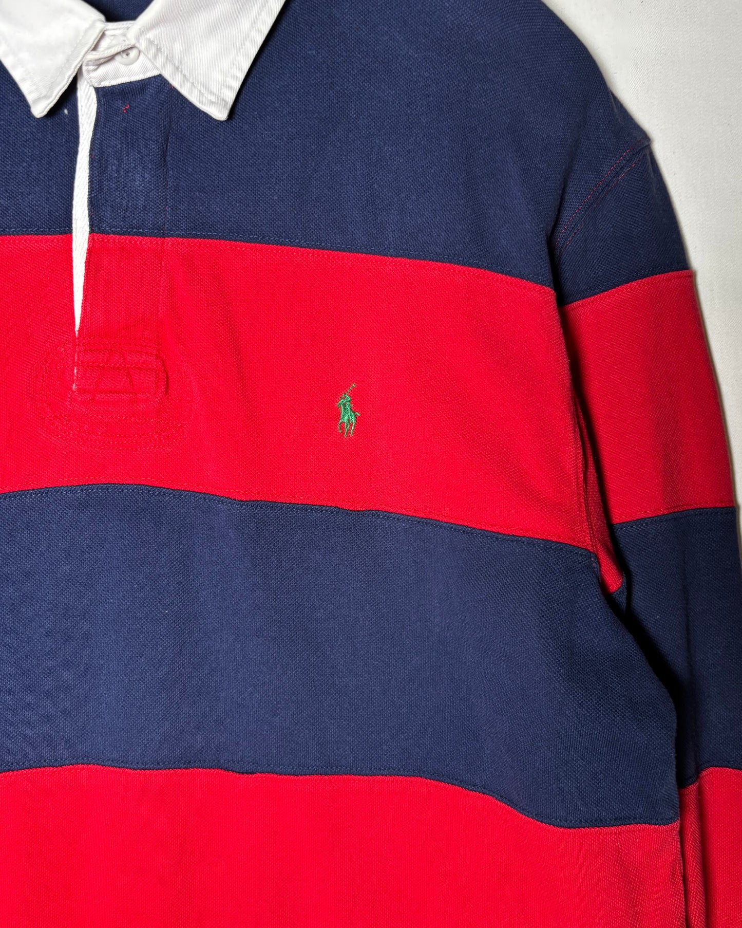 90s <Polo by Ralph Lauren> Wide Border Rugby Shirt Red × Navy Made in Turkey