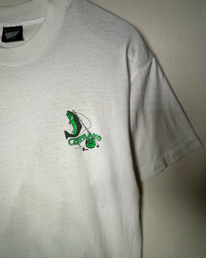 Vintage CORTLAND Fly Fishing Print T-Shirt Made in USA / White