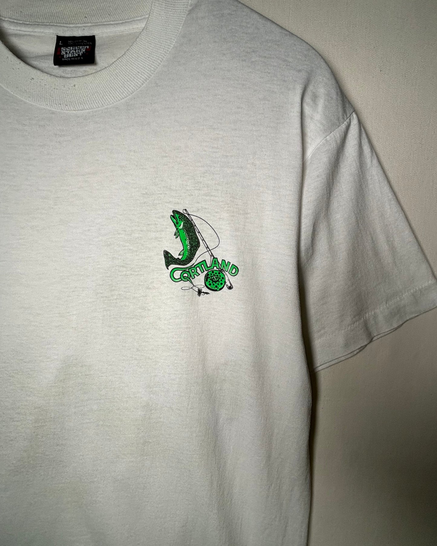 Vintage CORTLAND Fly Fishing Print T-Shirt Made in USA / White