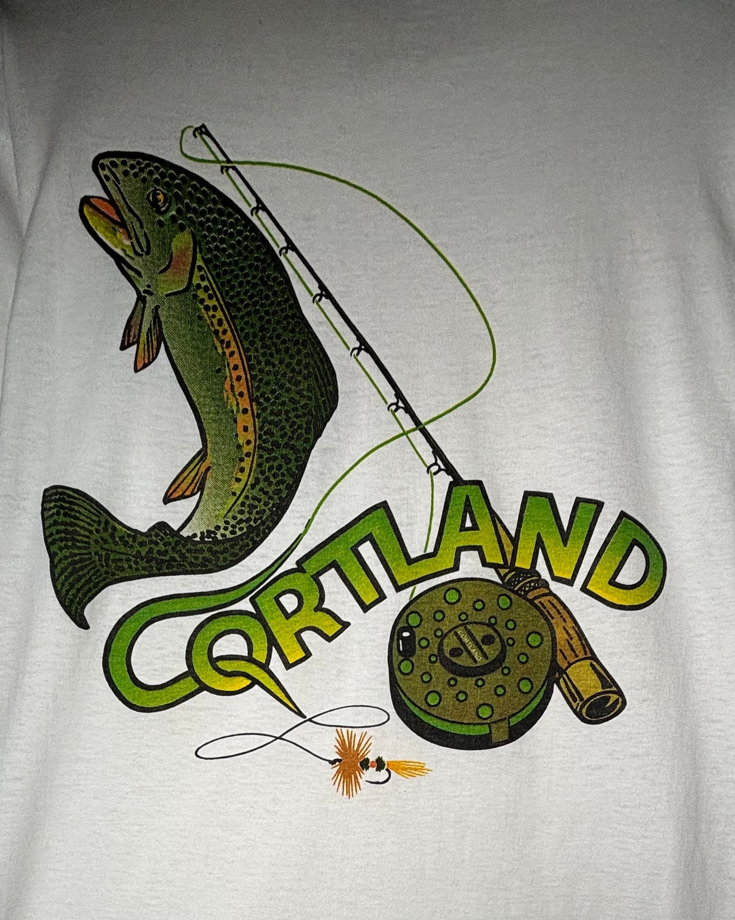 Vintage CORTLAND Fly Fishing Print T-Shirt Made in USA / White