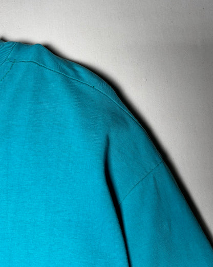 80s 〈Hanes〉 USA-Made The Woodworkers' Store Pocket T-Shirt - Turquoise Blue