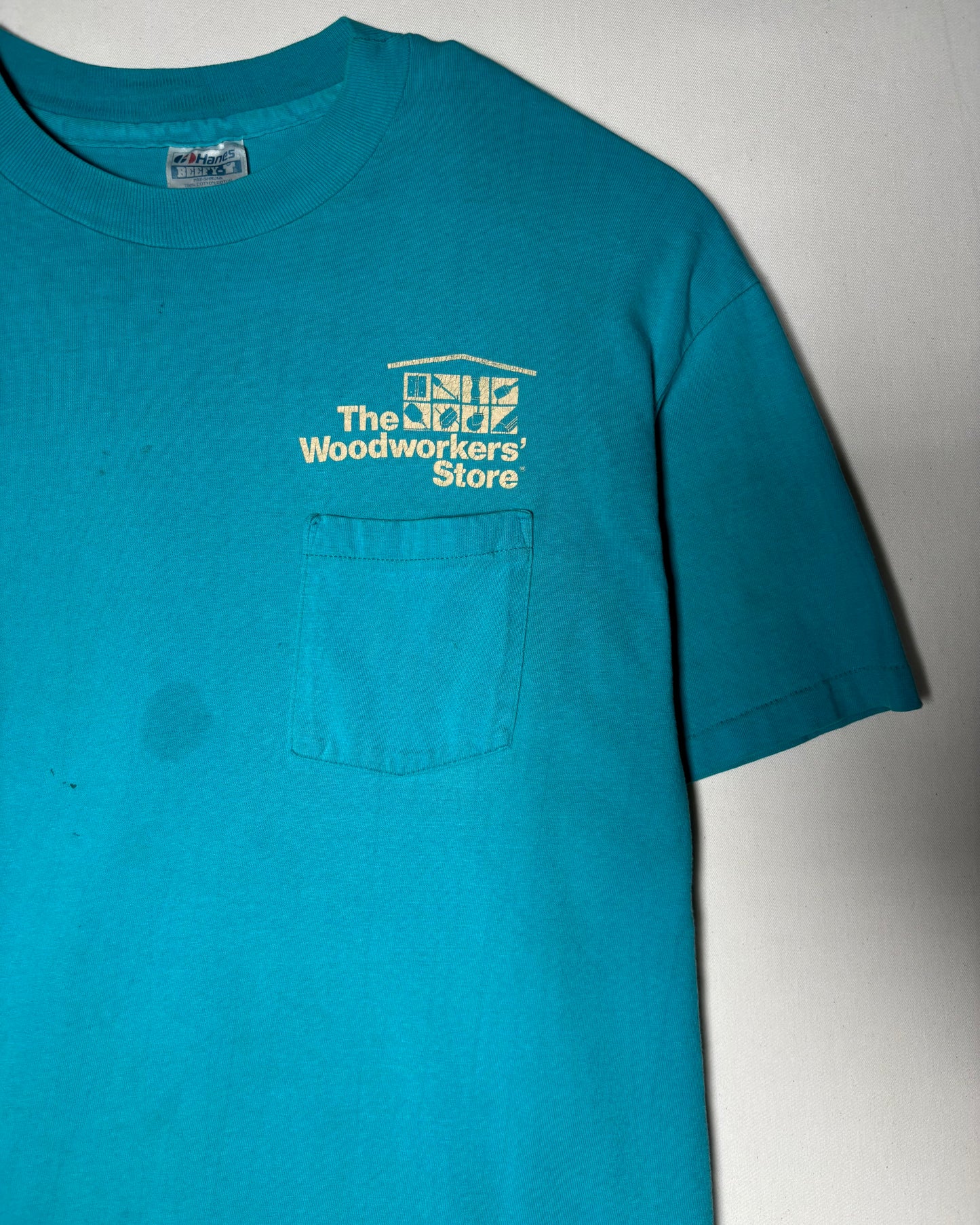 80s 〈Hanes〉 USA-Made The Woodworkers' Store Pocket T-Shirt - Turquoise Blue