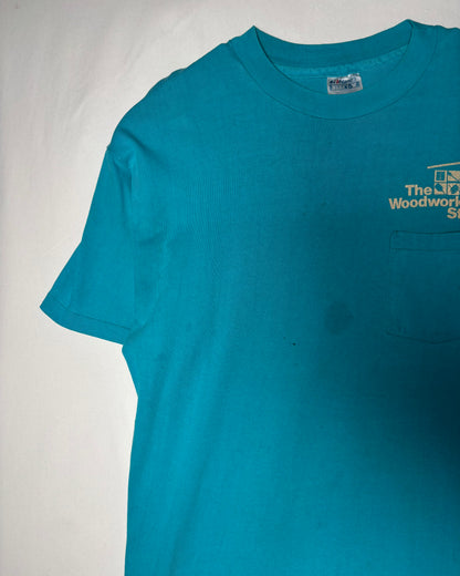 80s 〈Hanes〉 USA-Made The Woodworkers' Store Pocket T-Shirt - Turquoise Blue