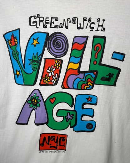90s GREENWICH VILLAGE NYC Art Print T-Shirt Made in USA / White