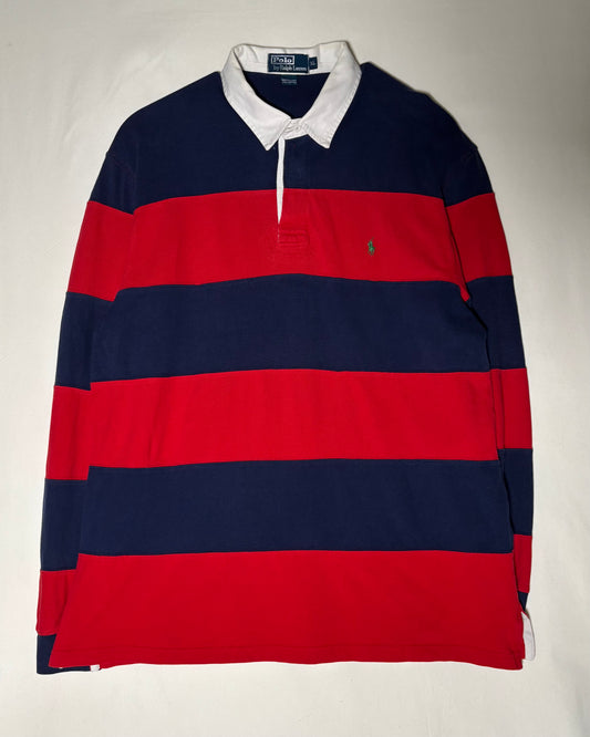 90s <Polo by Ralph Lauren> Wide Border Rugby Shirt Red × Navy Made in Turkey