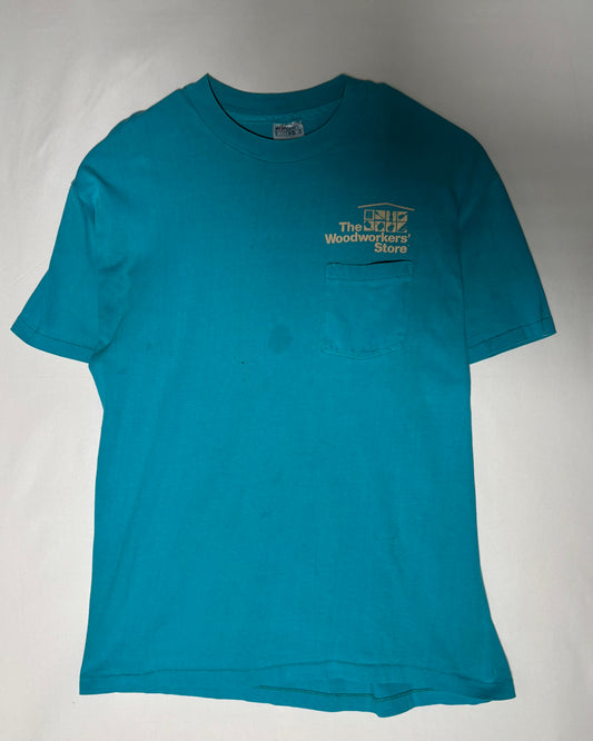 80s 〈Hanes〉 USA-Made The Woodworkers' Store Pocket T-Shirt - Turquoise Blue