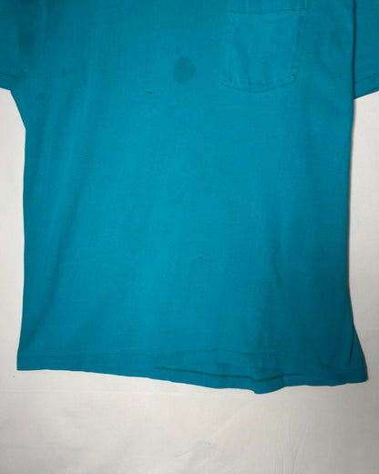 80s 〈Hanes〉 USA-Made The Woodworkers' Store Pocket T-Shirt - Turquoise Blue
