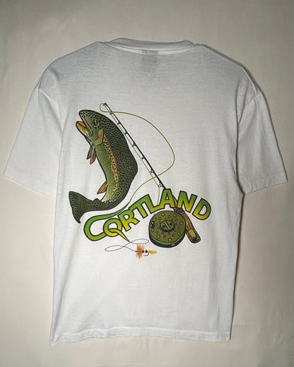 Vintage CORTLAND Fly Fishing Print T-Shirt Made in USA / White