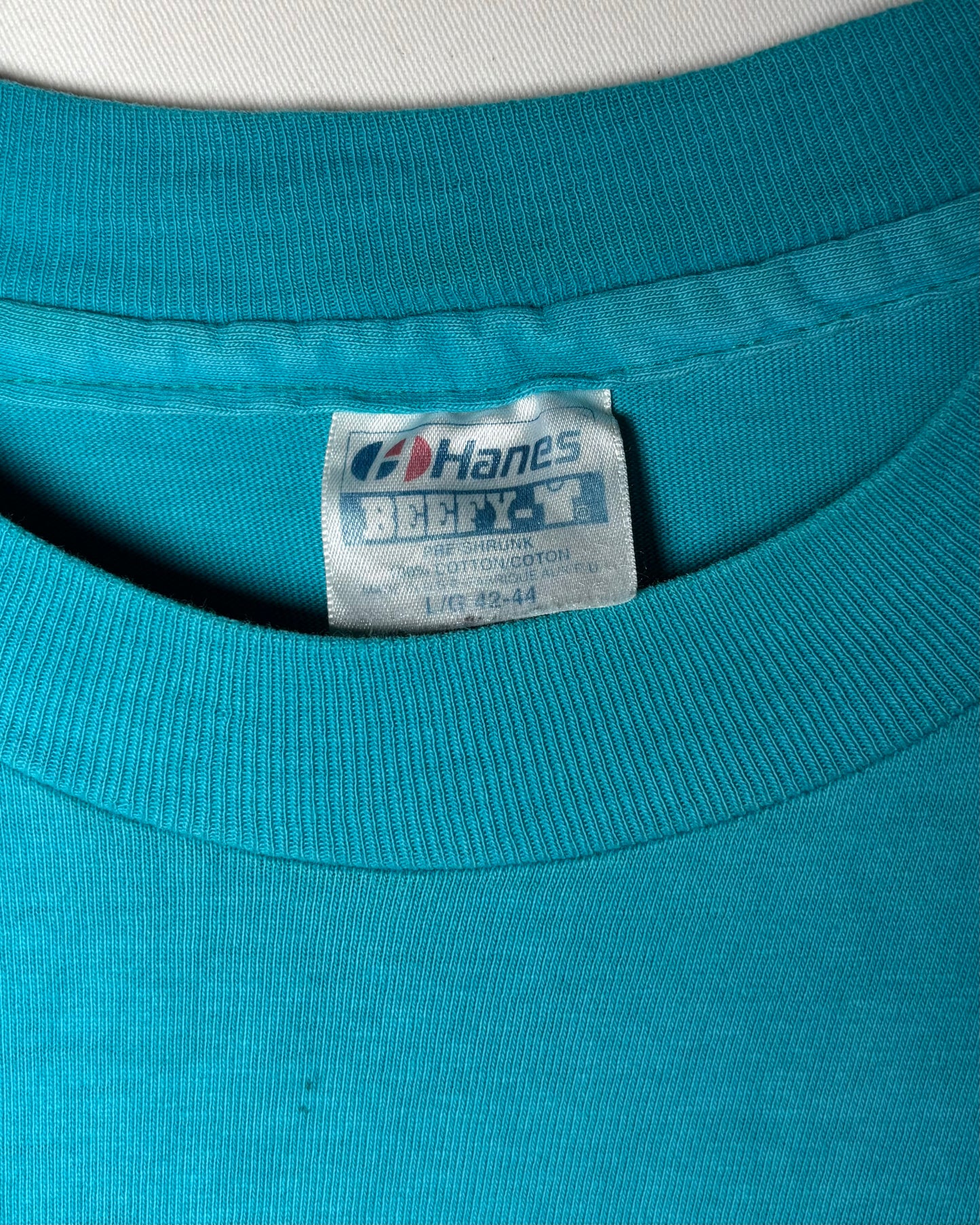80s 〈Hanes〉 USA-Made The Woodworkers' Store Pocket T-Shirt - Turquoise Blue