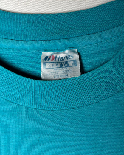 80s 〈Hanes〉 USA-Made The Woodworkers' Store Pocket T-Shirt - Turquoise Blue